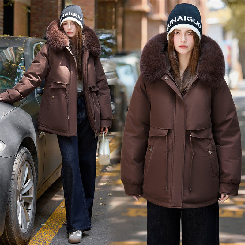 Dames-winterparka met capuchon van imitatiebont, warm gevoerd, losvallend