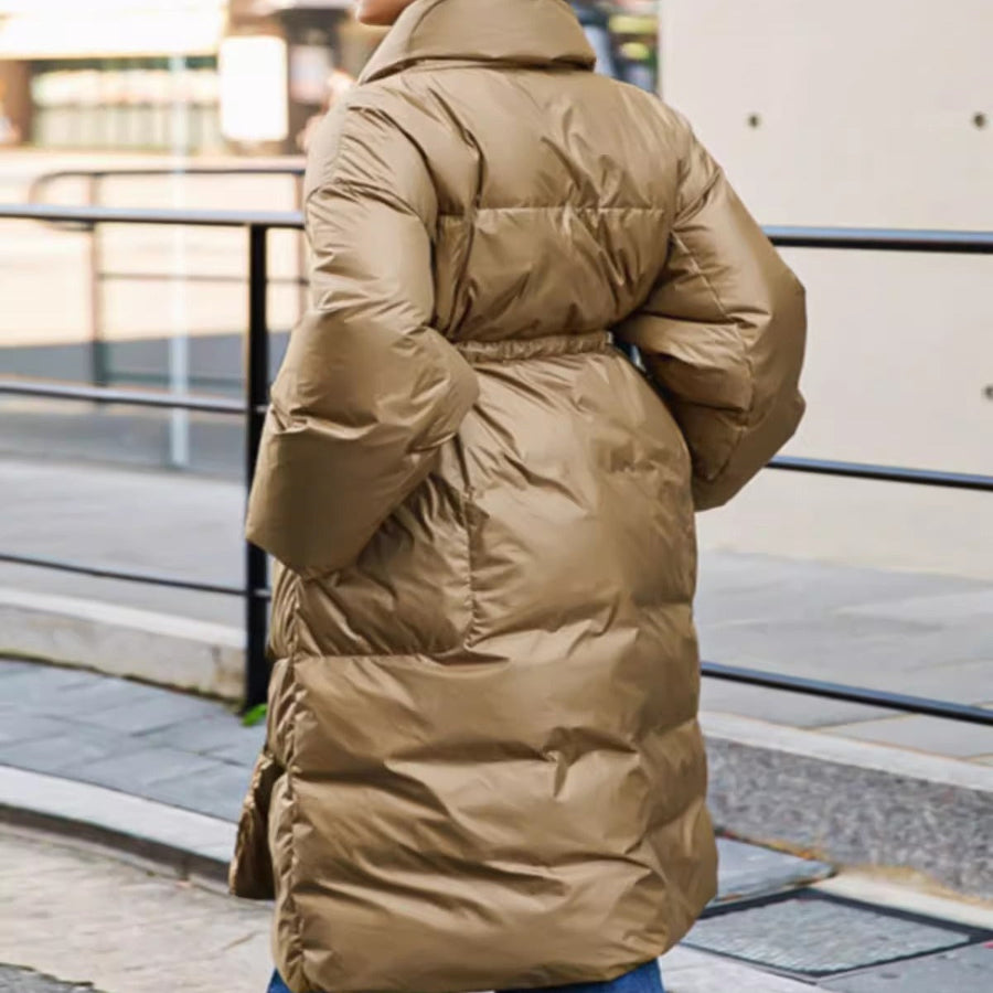 Damen Langer Steppmantel mit Gürtel Oversize Winterjacke