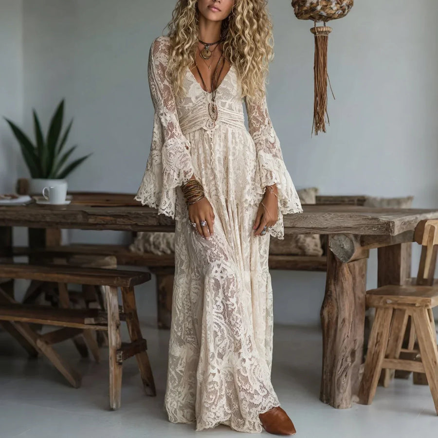 Damen Maxi-Spitzenkleid in Beige mit Glockenärmeln V-Ausschnitt
