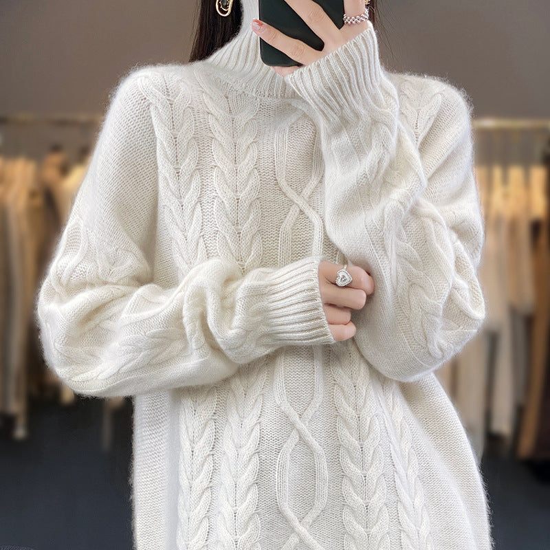 Damen Grobstrick Pullover Zopfmuster Rundhals Beigefarben