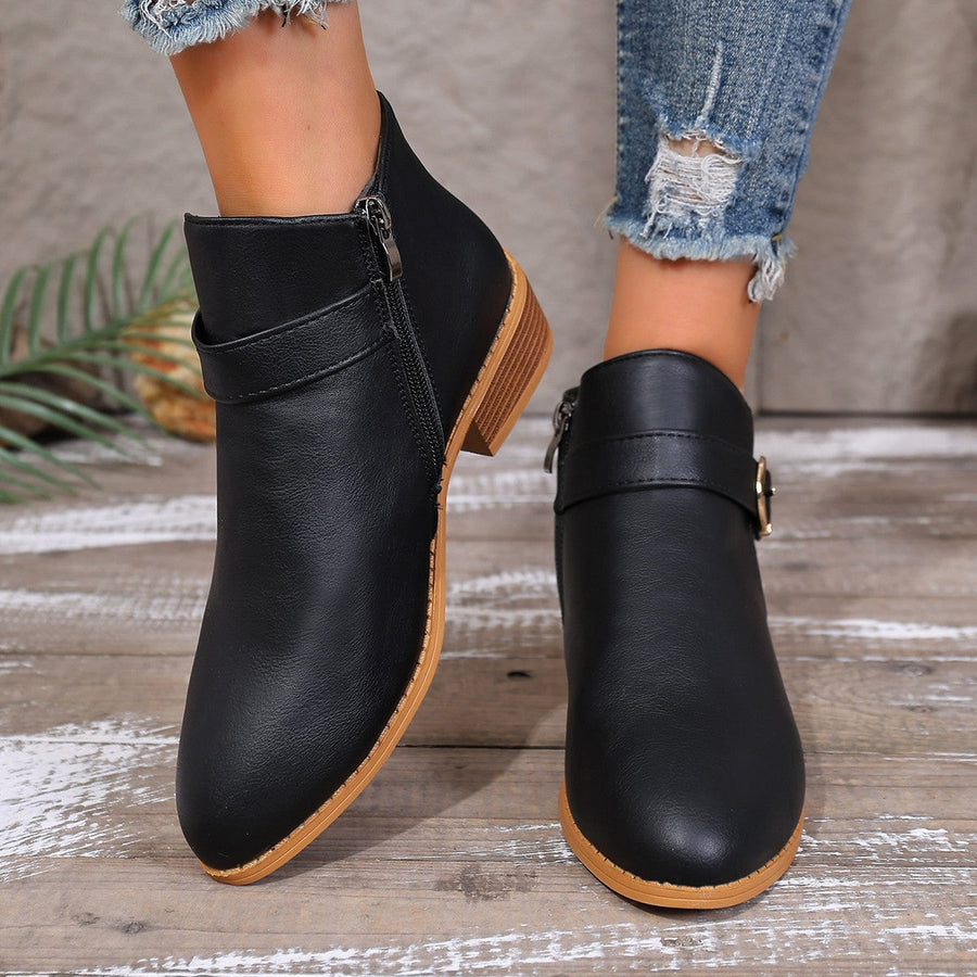 Damen Stiefeletten mit Schnalle & Reißverschluss, flacher Absatz