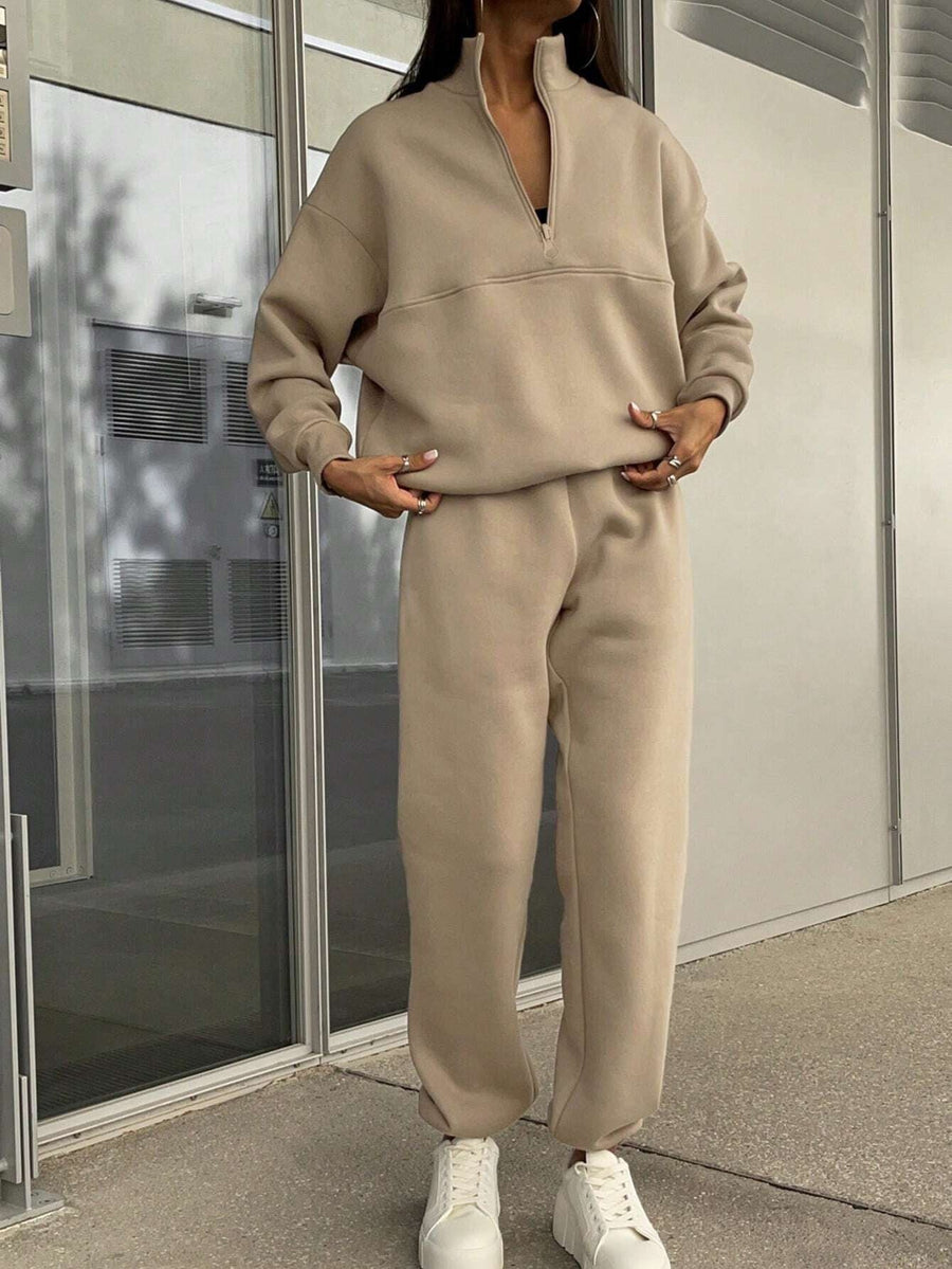Damen Trainingsanzug Set mit Reißverschluss Stehkragen Sweatshirt und Jogginghose