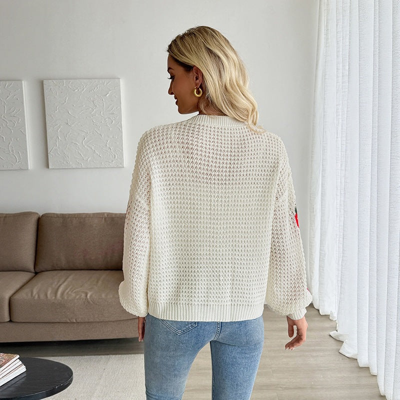Damen Cardigan V-Ausschnitt Strickjacke mit Erdbeermotiven und Knopfleiste in Creme-Weiß