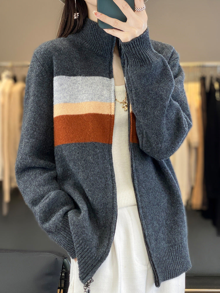 Damesvest met rits en streeppatroon, grijs