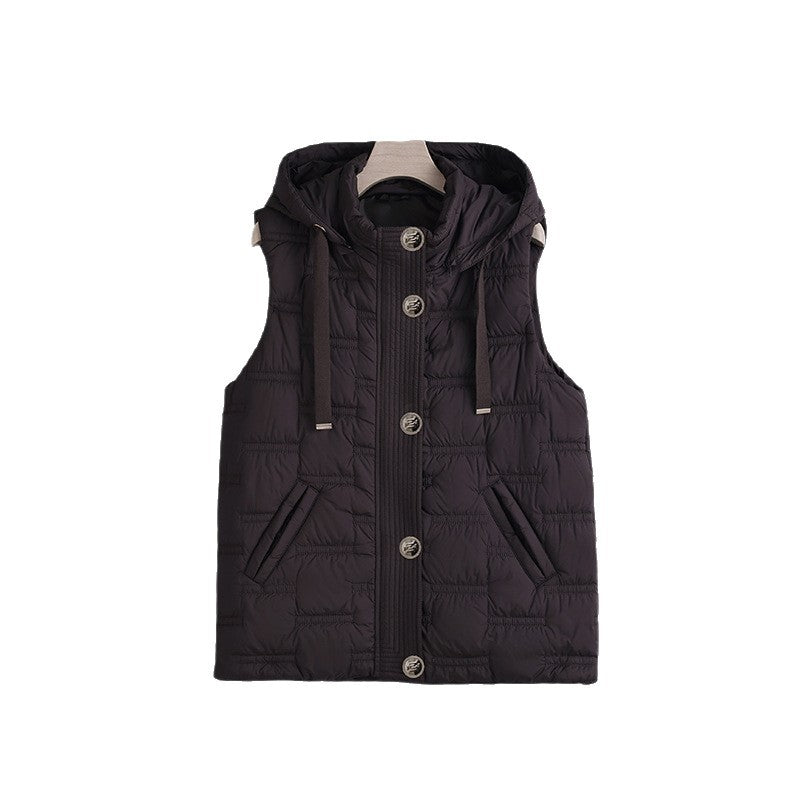 Damesbodywarmer met capuchon, knoopsluiting en zakken