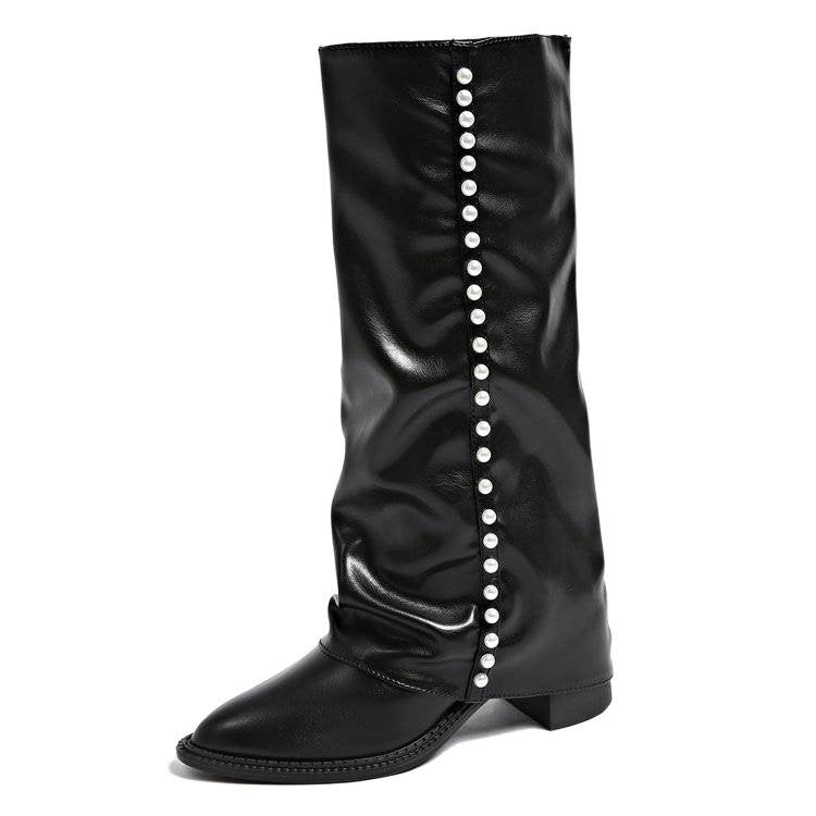 Damen Slouch Stiefel mit Perlenverzierung, spitzer Zehe und niedrigem Absatz