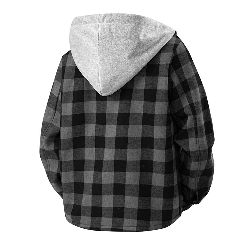 Herren Kariertes Hemd Jacke mit Kapuze Fleece-Futter Winter Warm