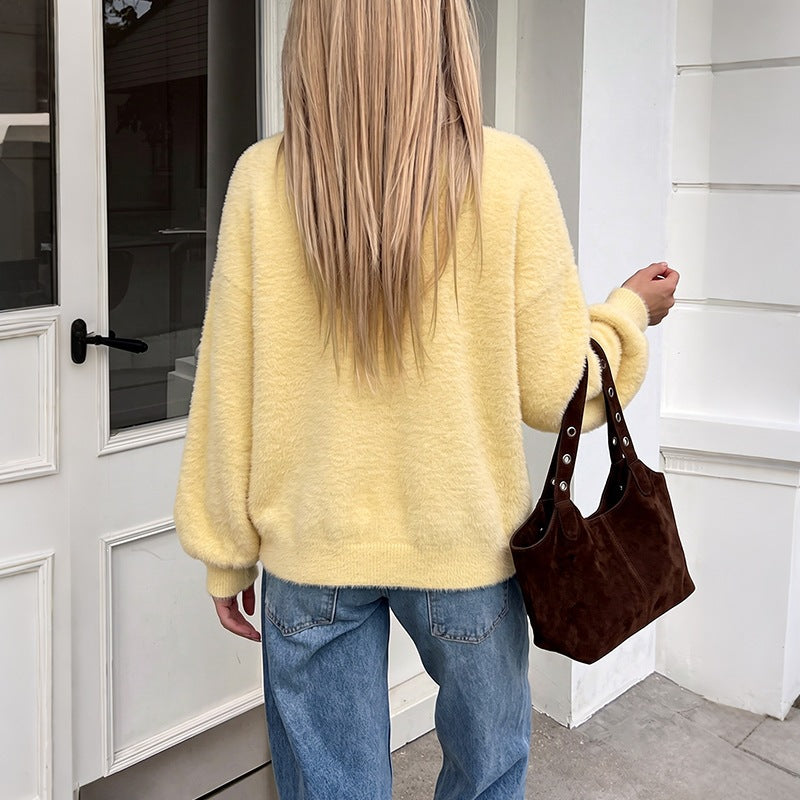 Gele damesgebreide cardigan met knopen en V-hals