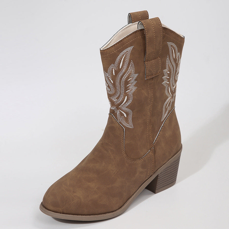 Cowboystiefeletten mit Western-Stickerei, Blockabsatz
