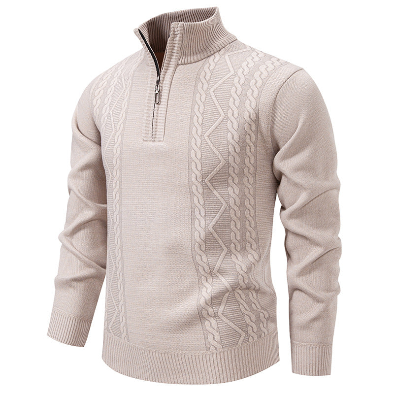 Herren Strickpullover mit Zopfmuster, Stehkragen und Reißverschluss, Melange-Optik