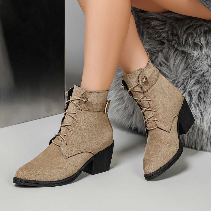 Damen Schnürstiefeletten in Khaki mit Blockabsatz