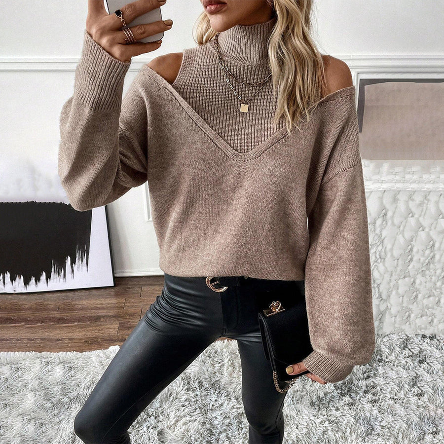 Dames trui beige, off-shoulder, V-hals, gebreide trui met coltrui-look