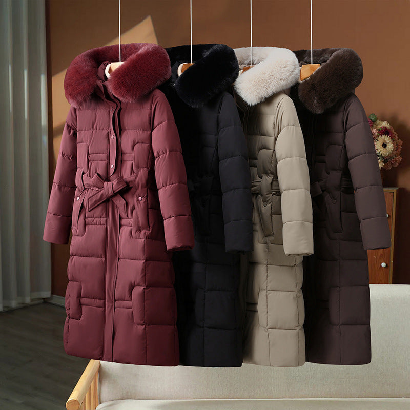Damen Winter Steppmantel Lang mit Kunstpelz Kapuze & Gürtel
