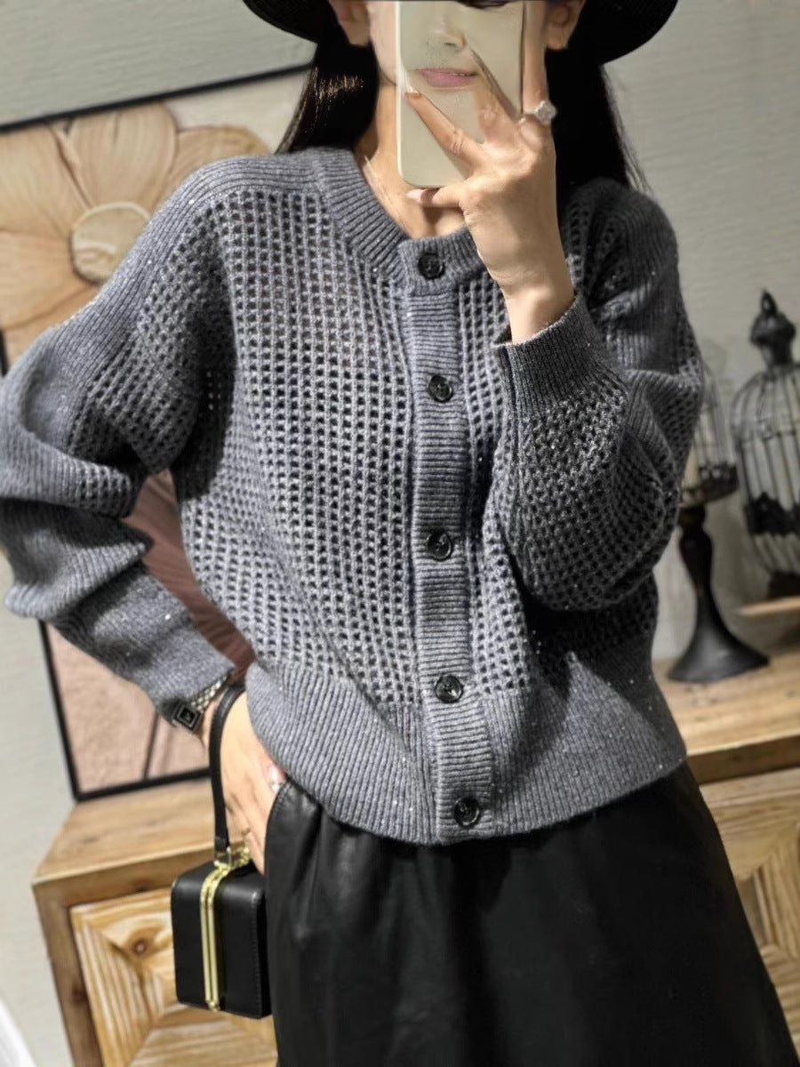 Damen Strickjacke mit Rundhals und Lochmuster, geknöpft