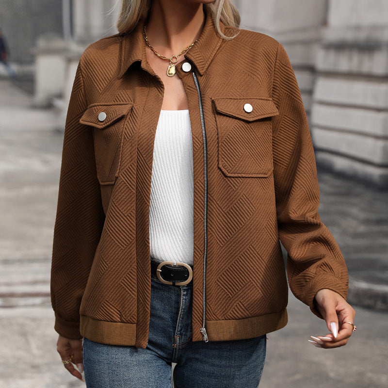 Damen Kurzjacke mit Reißverschluss und Brusttaschen, Braun