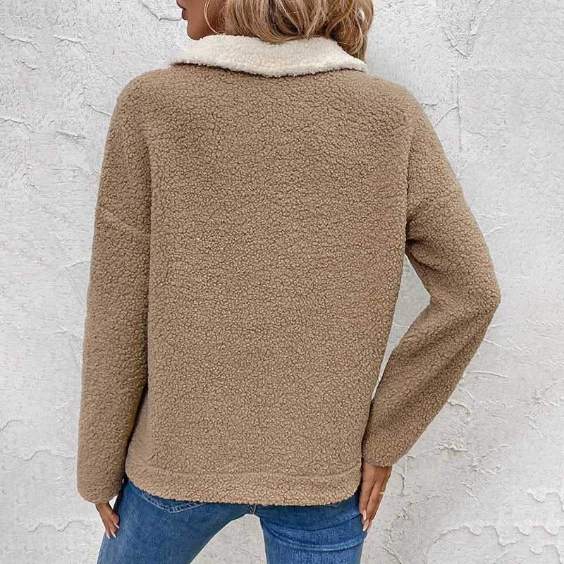 Damestrui van teddyfleece met rits en borstzak, lange mouwen, beige & bruin