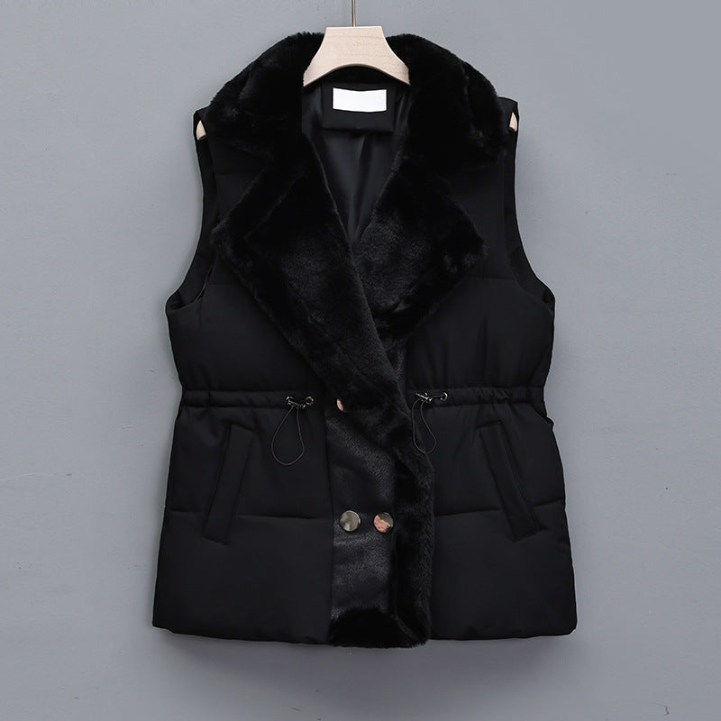 Damesbodywarmer met kraag van imitatiebont en taillekoord