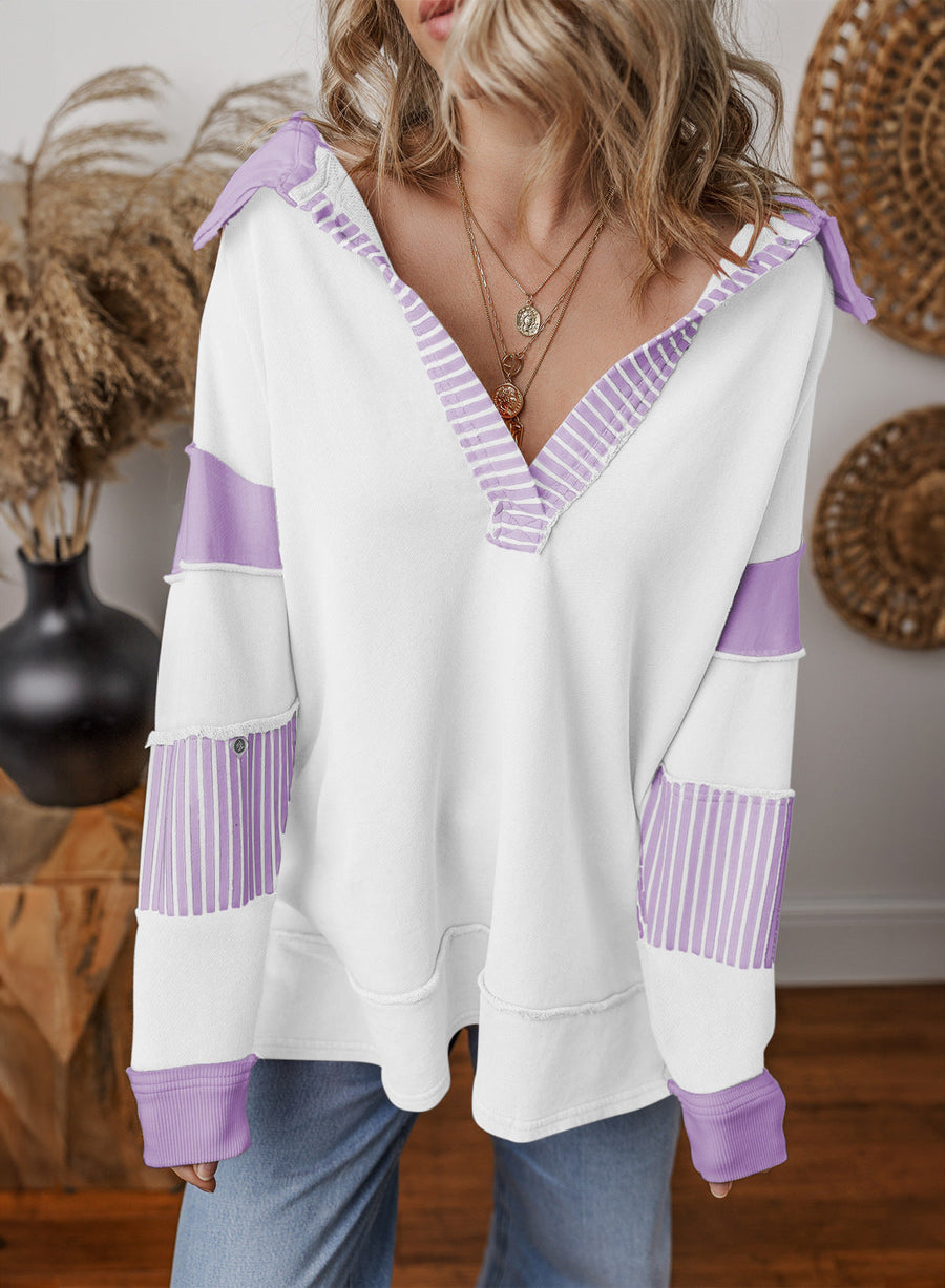 Dames oversized hoodie met capuchon, contrasterende strepen, V-hals en lange mouwen