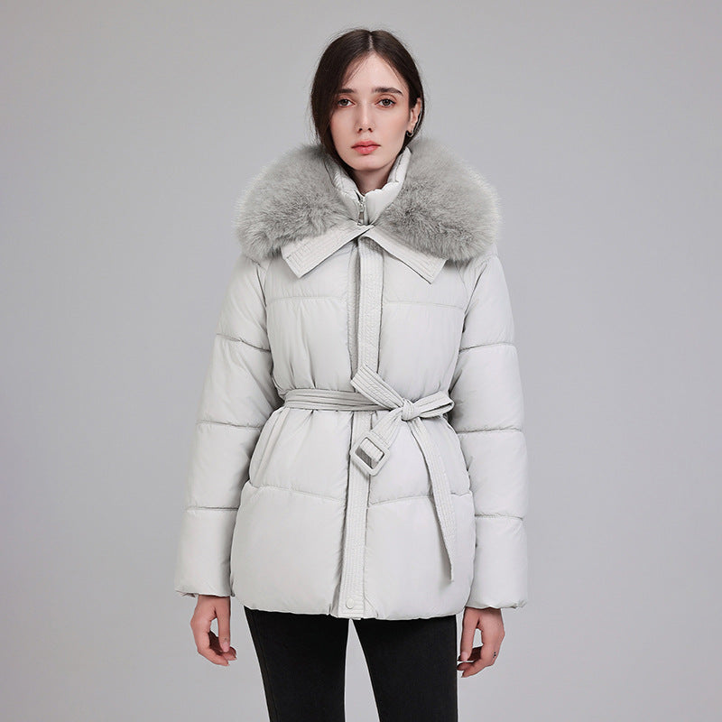 Damen Steppjacke mit Taillengürtel und Kunstfellkragen