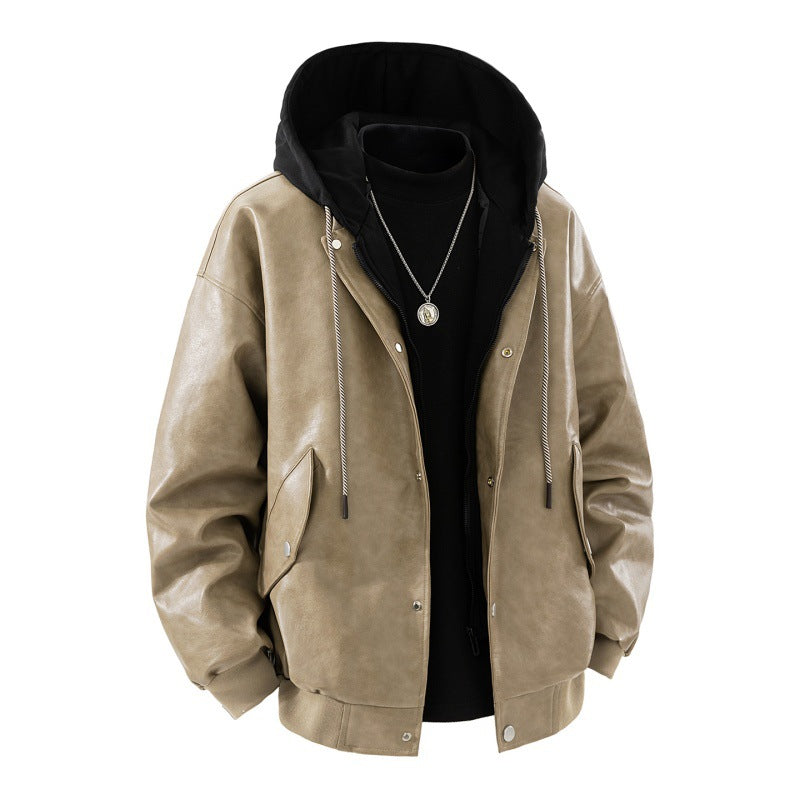 Herren Jacke in Leder-Optik mit Kapuze und Druckknöpfen