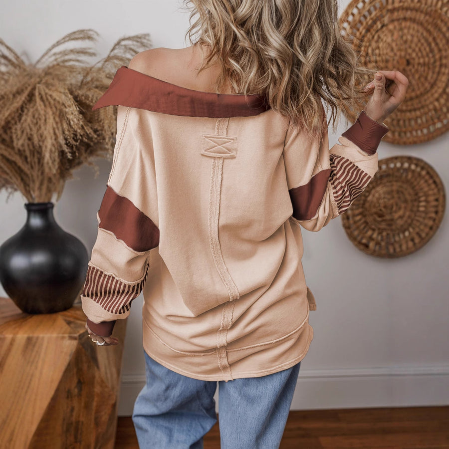 Dames oversized hoodie met capuchon, contrasterende strepen, V-hals en lange mouwen