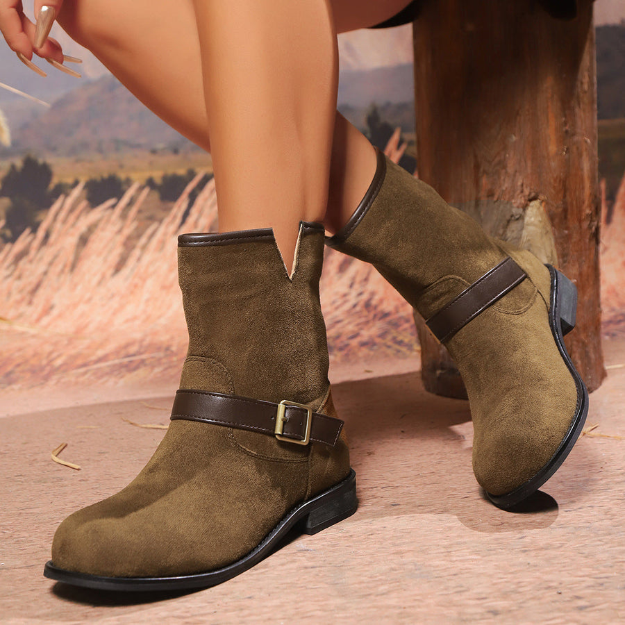 Damen Stiefeletten im Western-Stil mit Schnallenriemen, Kurzschaft, bequemer Blockabsatz