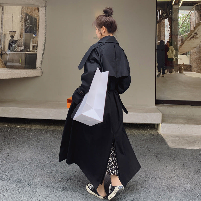 Damen Trenchcoat Lang Schwarz mit Bindegürtel und Reverskragen