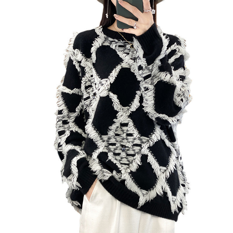 Damen Pullover Schwarz Weiß Langarm mit Fransenmuster Rundhals