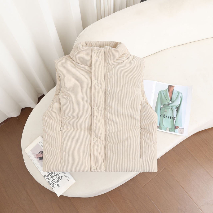 Gewatteerde damesbodywarmer met opstaande kraag, corduroylook