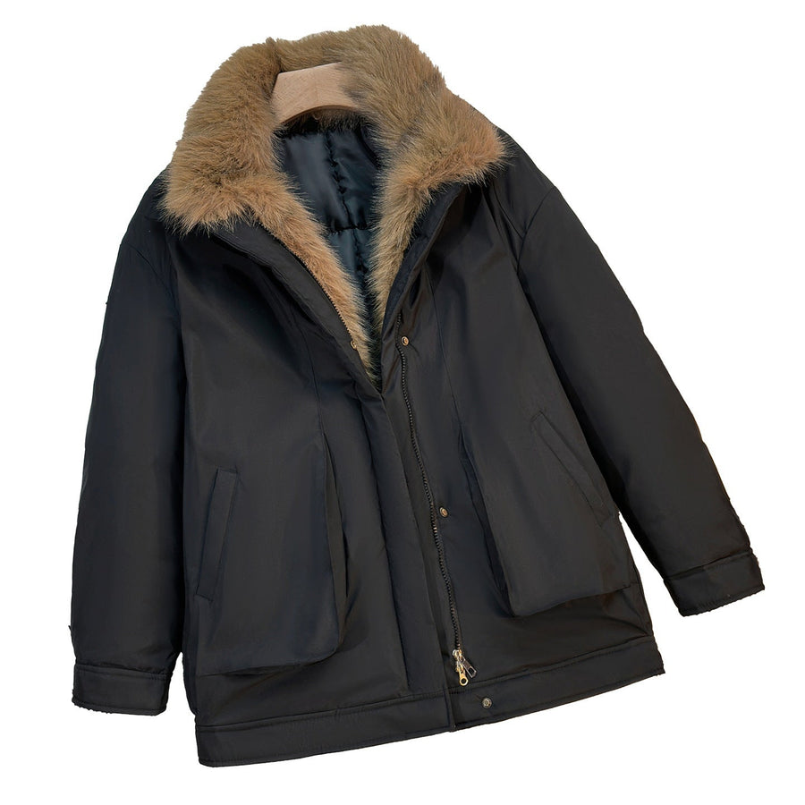 Winterjacke mit Kunstfellkragen und Futter Reißverschluss Tasche