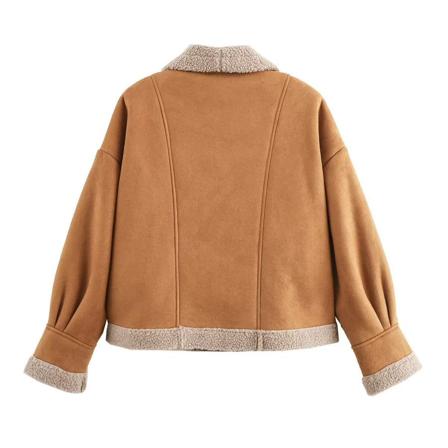 Kort damesjasje in shearlingstijl met pluche voering en kraag