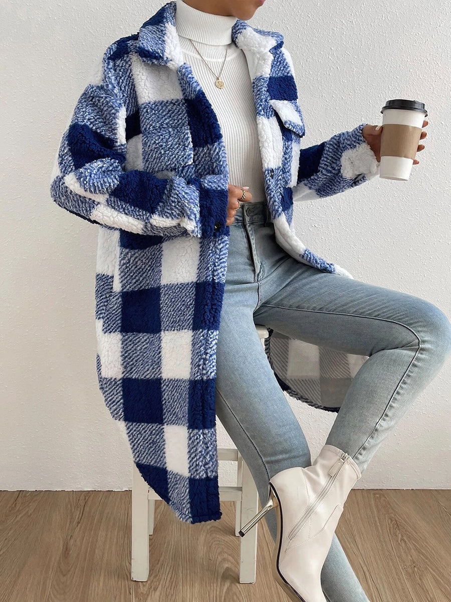Langer Karo Shacket Teddy Mantel mit Knopfleiste & Kragen für Damen