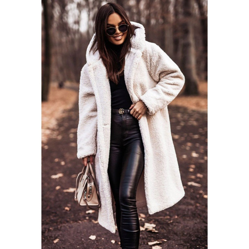 Damesmantel van teddyfleece met capuchon en zakken, lange mouwen