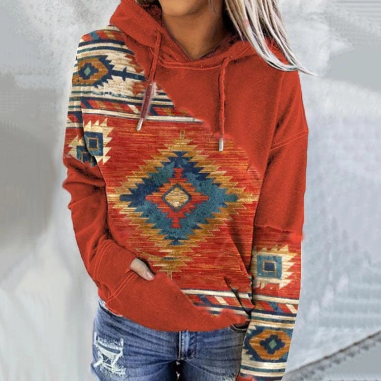 Damen Kapuzenpullover Rot mit Ethno-Muster und Kordelzug