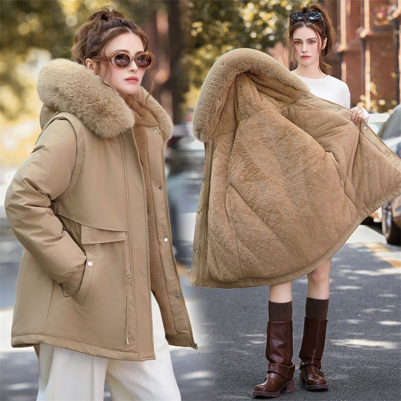 Dames-winterparka met capuchon van imitatiebont, warm gevoerd, losvallend