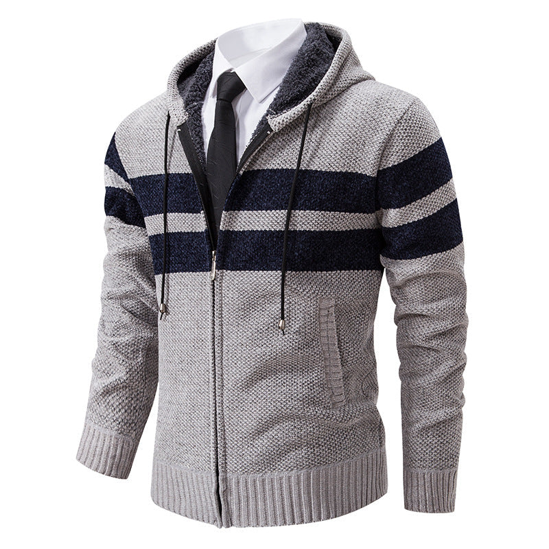 Gebreid vest voor heren met capuchon, rits en strepenpatroon