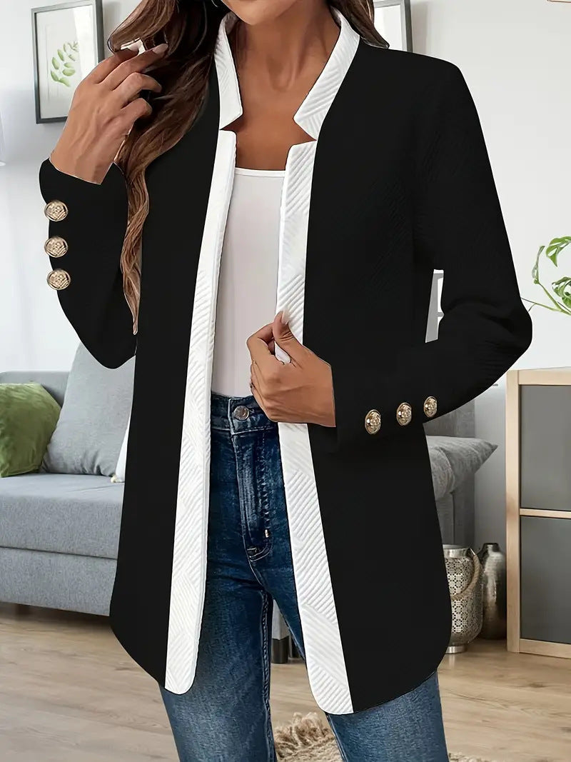 Lange damesblazer met contrasterende revers en sierknopen