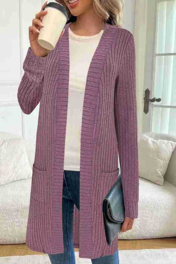 Damen Langstrickjacke Rippstrick Offen mit Taschen