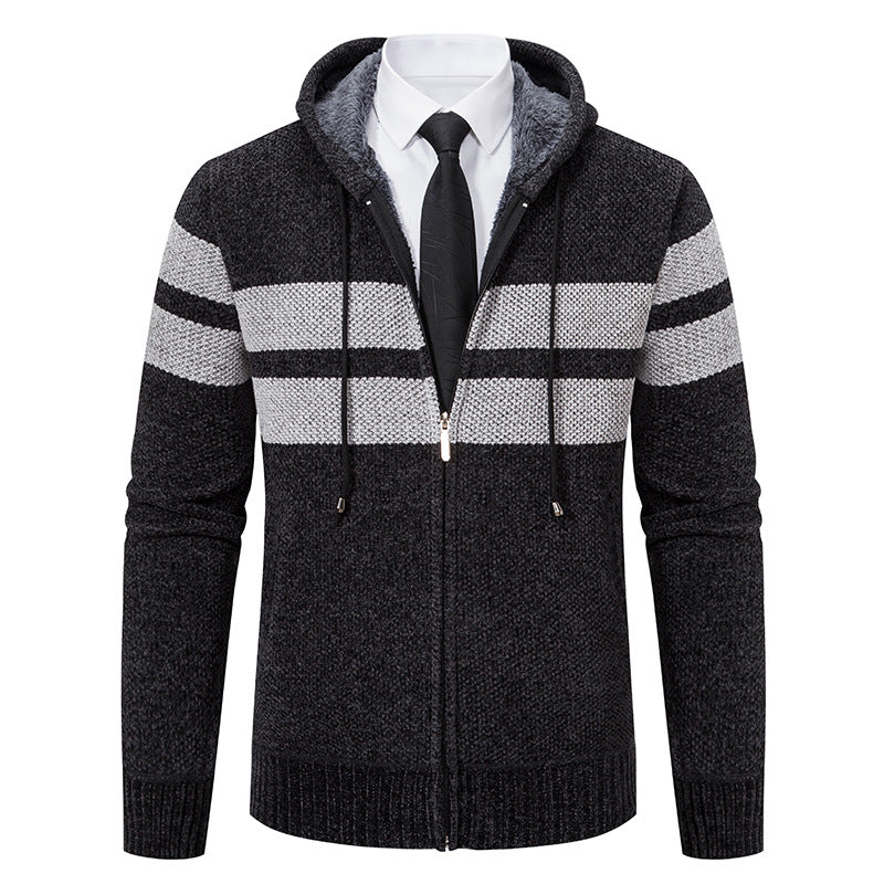 Gebreid vest voor heren met capuchon, rits en strepenpatroon
