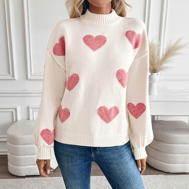 Damen Strickpullover Herzmuster Cremefarben