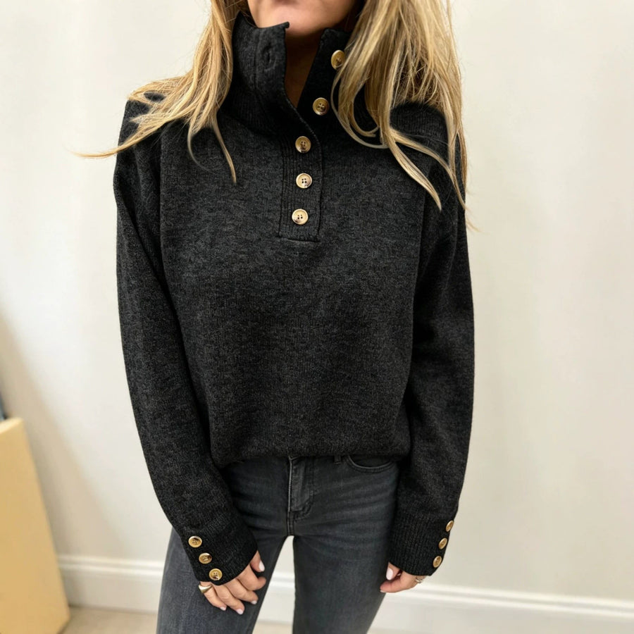 Damen Stehkragen Pullover mit Knopfleiste und Knopfdetails an den Ärmeln