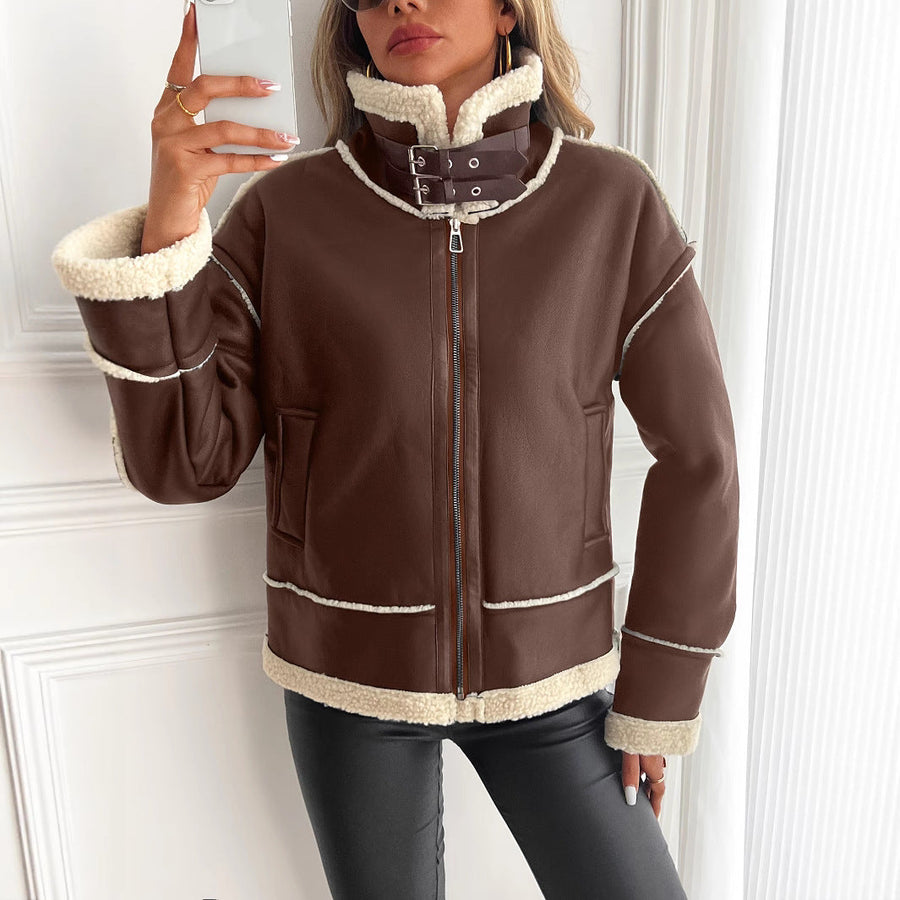 Damen Aviator Jacke mit Lammfell-Imitat und Schnallenkragen