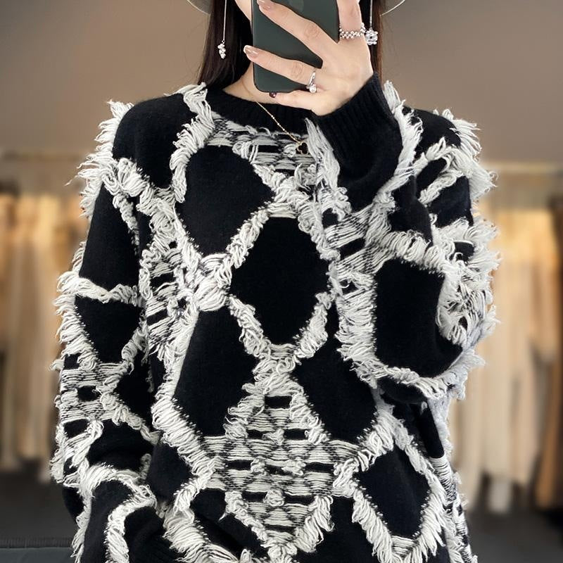 Damen Pullover Schwarz Weiß Langarm mit Fransenmuster Rundhals