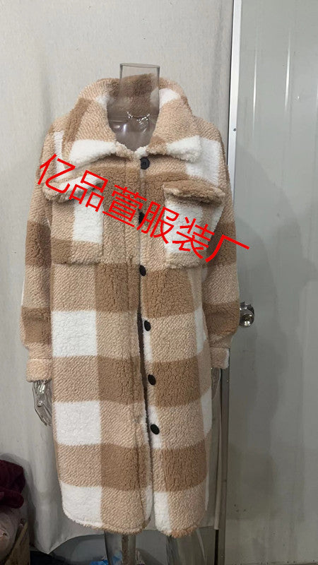 Langer Karo Shacket Teddy Mantel mit Knopfleiste & Kragen für Damen
