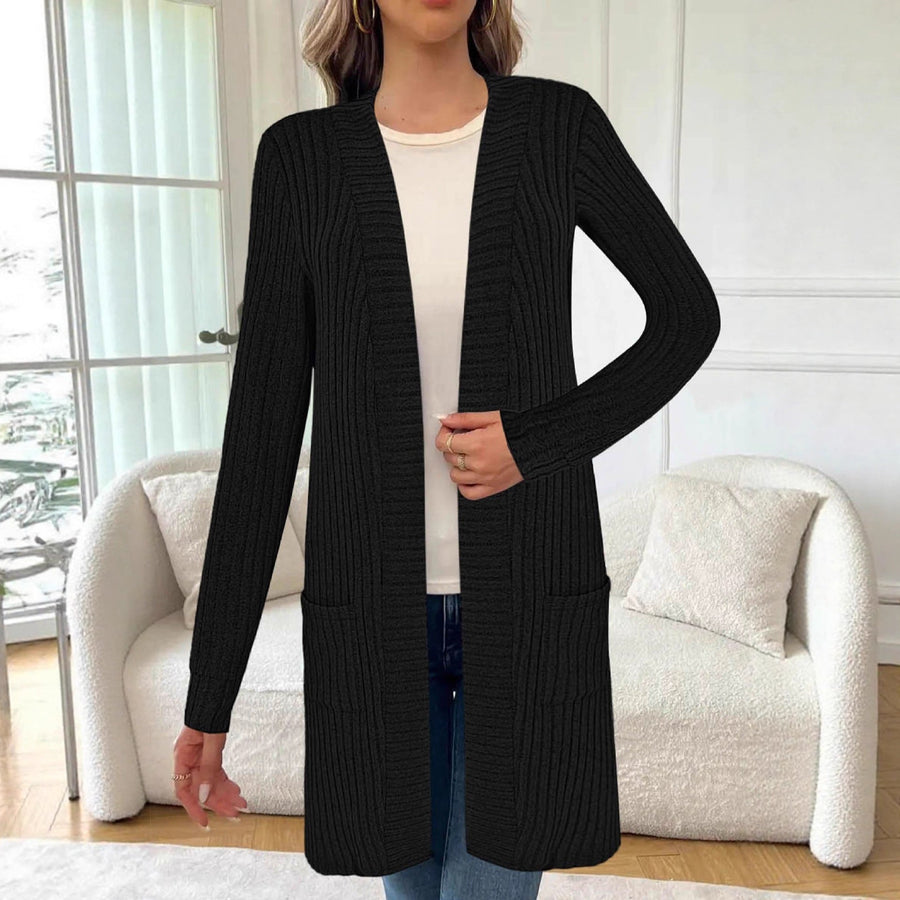 Damen Langstrickjacke Rippstrick Offen mit Taschen