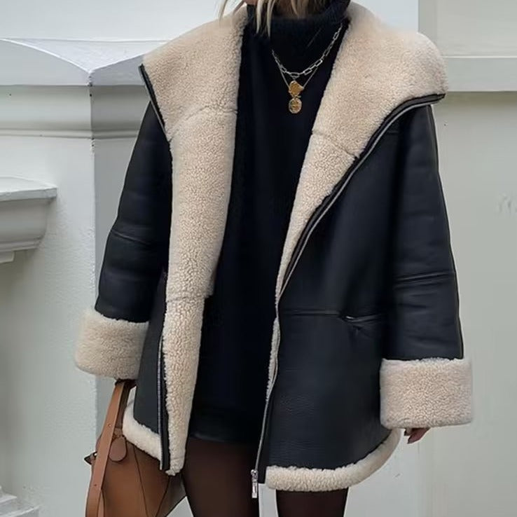 Kurze Damen Pilotenjacke Schwarz mit Teddyfutter Reißverschluss