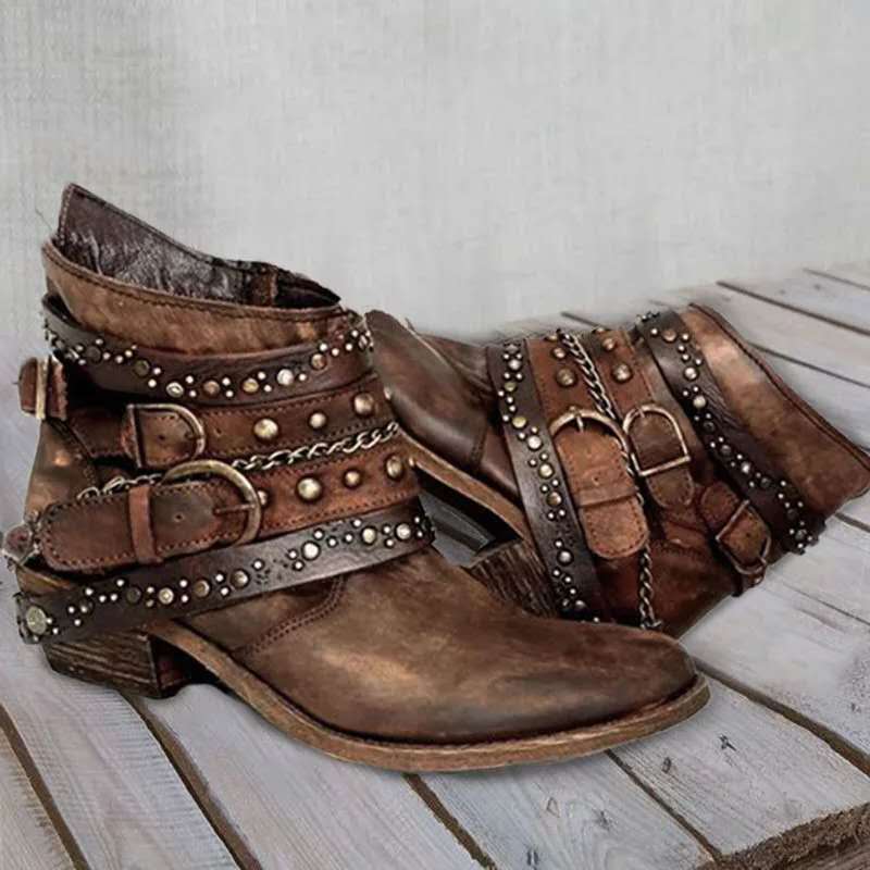 Biker-enkellaarsjes voor dames met studs, bruin, gespen, kettingen, westernlaarzen