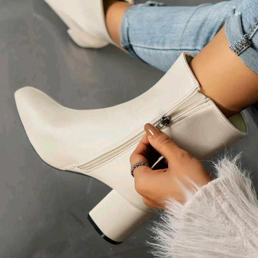 Damen Stiefeletten mit Blockabsatz, spitzer Zehenpartie und Reißverschluss