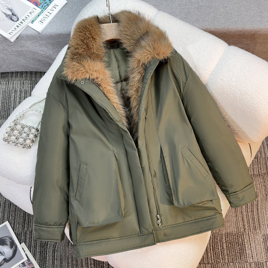 Winterjacke mit Kunstfellkragen und Futter Reißverschluss Tasche