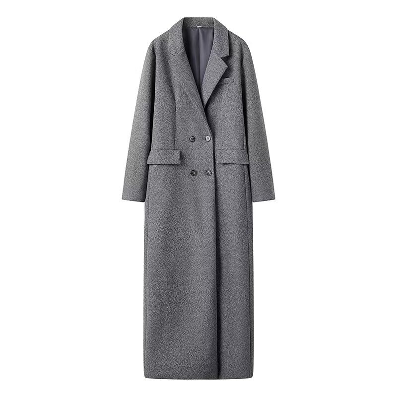 Damen Langer Oversize Maxi-Mantel Grau Zweireihig